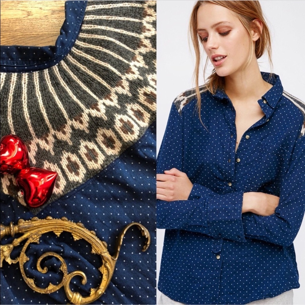Free People Blue Polka Dot Wool Blend Buttoned Down Sweater Knit Inset Shirt.SzL - Picture 7 of 9